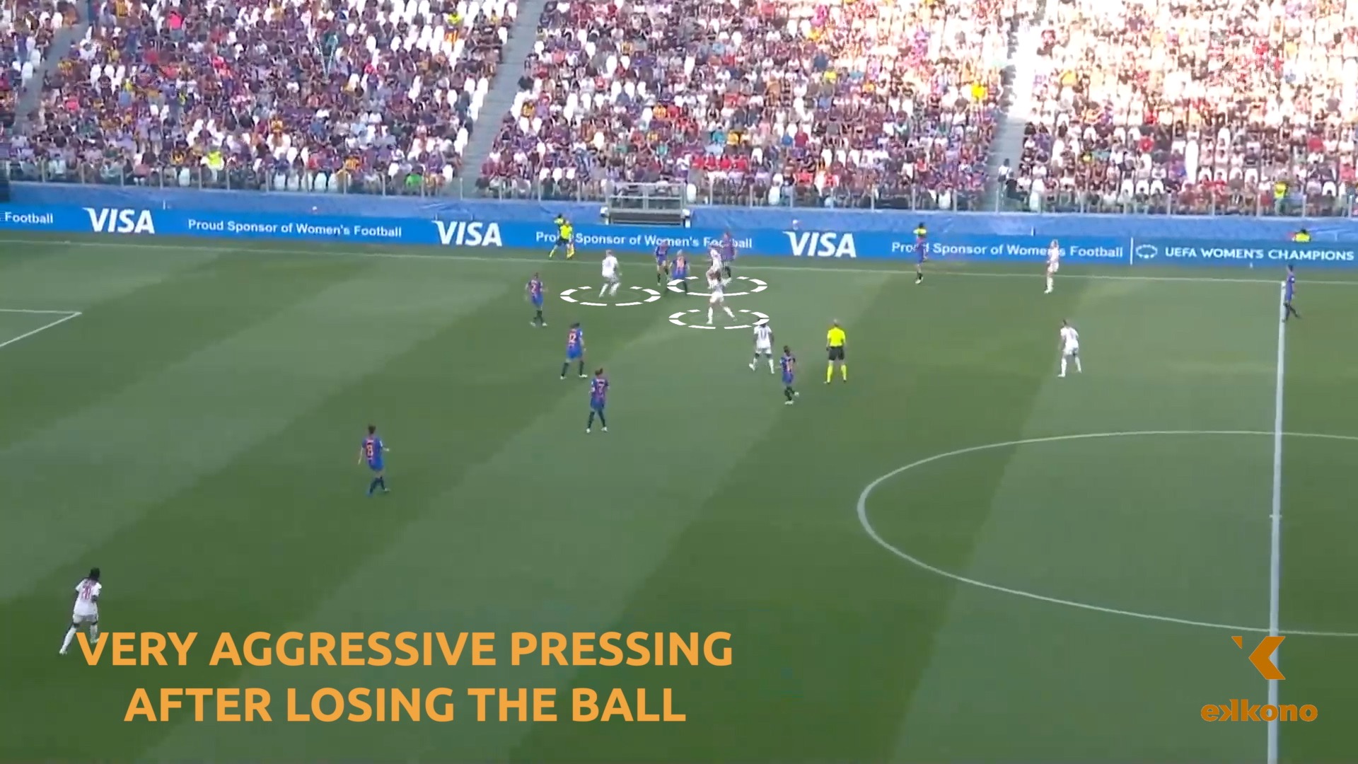 4. Counter press After losing the ball, Olympique Lyon players activate fast to start pressing and recover. This couterpressing is one of the key features of Sonia Bompastor's side