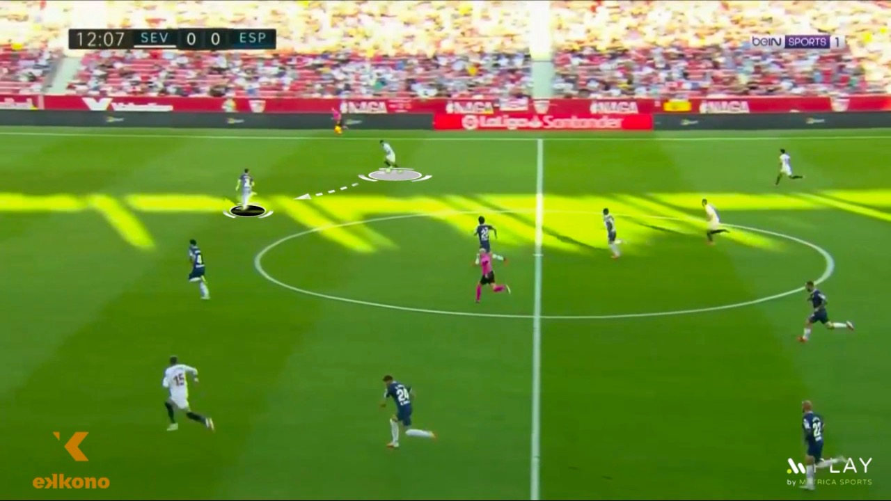 Wingers – First Touch Suso (Sevilla FC) is in a diagonal position versus his directo opponent. He guides his first touch towards him to pin the opponent and have the option to play the 2vs1 against him. This is part of the secrets of a good first touch for wingers.