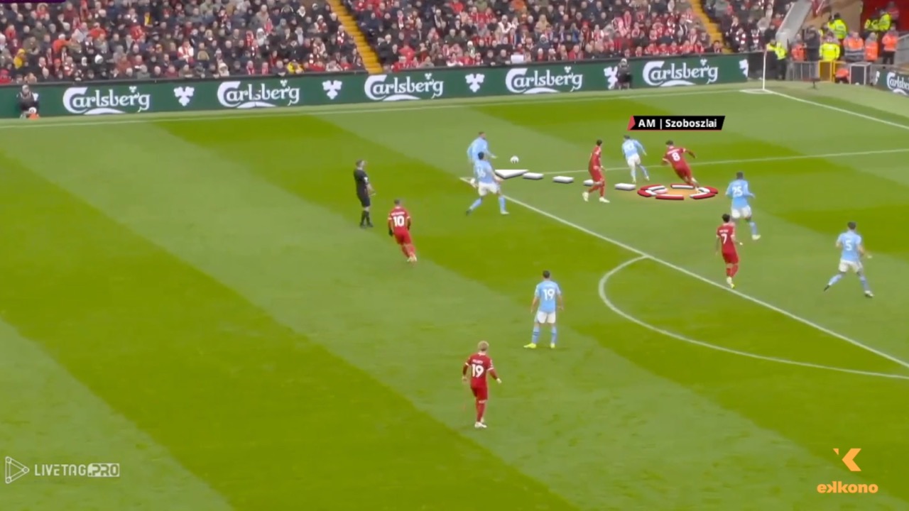 Gegenpressing. Run backwards to press Gegenpressing. Dominik Szoboszlai (Liverpool) applies pressing after losing the ball.